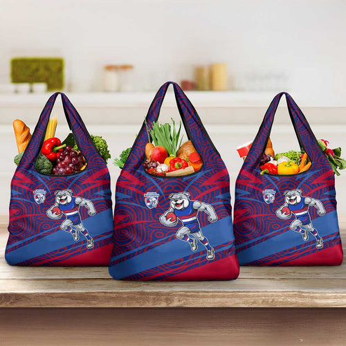 Western Bulldogs Australian Football Grocery Bag Tough Bulldog Mascot Art With Indigenous Pattern Art