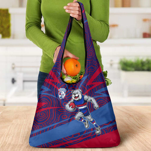 Western Bulldogs Australian Football Grocery Bag Tough Bulldog Mascot Art With Indigenous Pattern Art