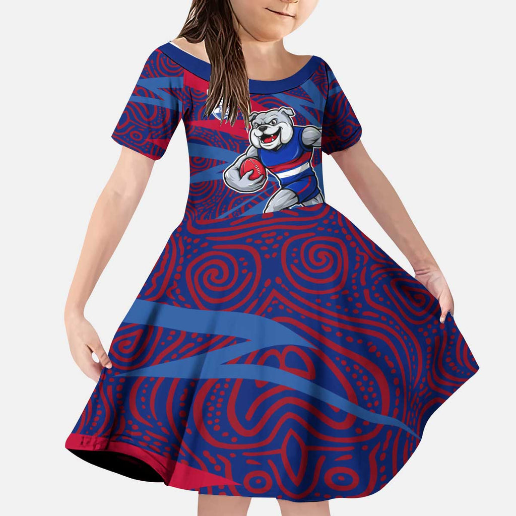 Western Bulldogs Australian Football Kid Short Sleeve Dress Tough Bulldog Mascot Art With Indigenous Pattern Art
