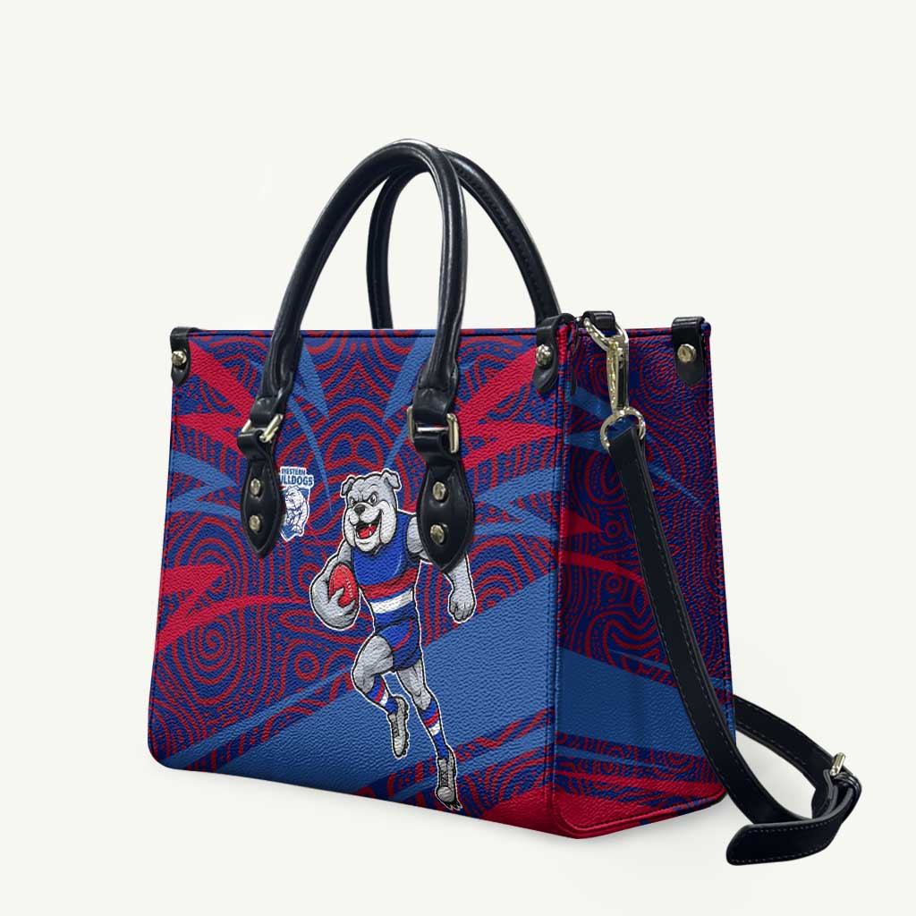 Western Bulldogs Australian Football Leather Bag Tough Bulldog Mascot Art With Indigenous Pattern Art