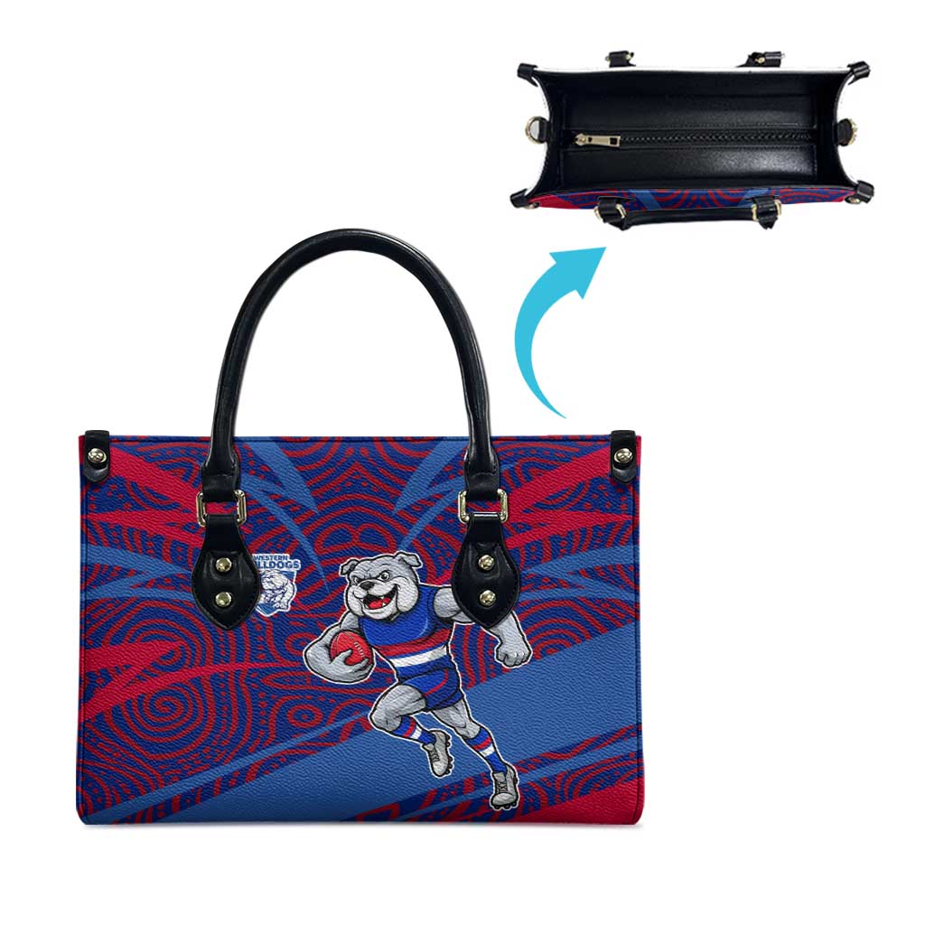 Western Bulldogs Australian Football Leather Bag Tough Bulldog Mascot Art With Indigenous Pattern Art