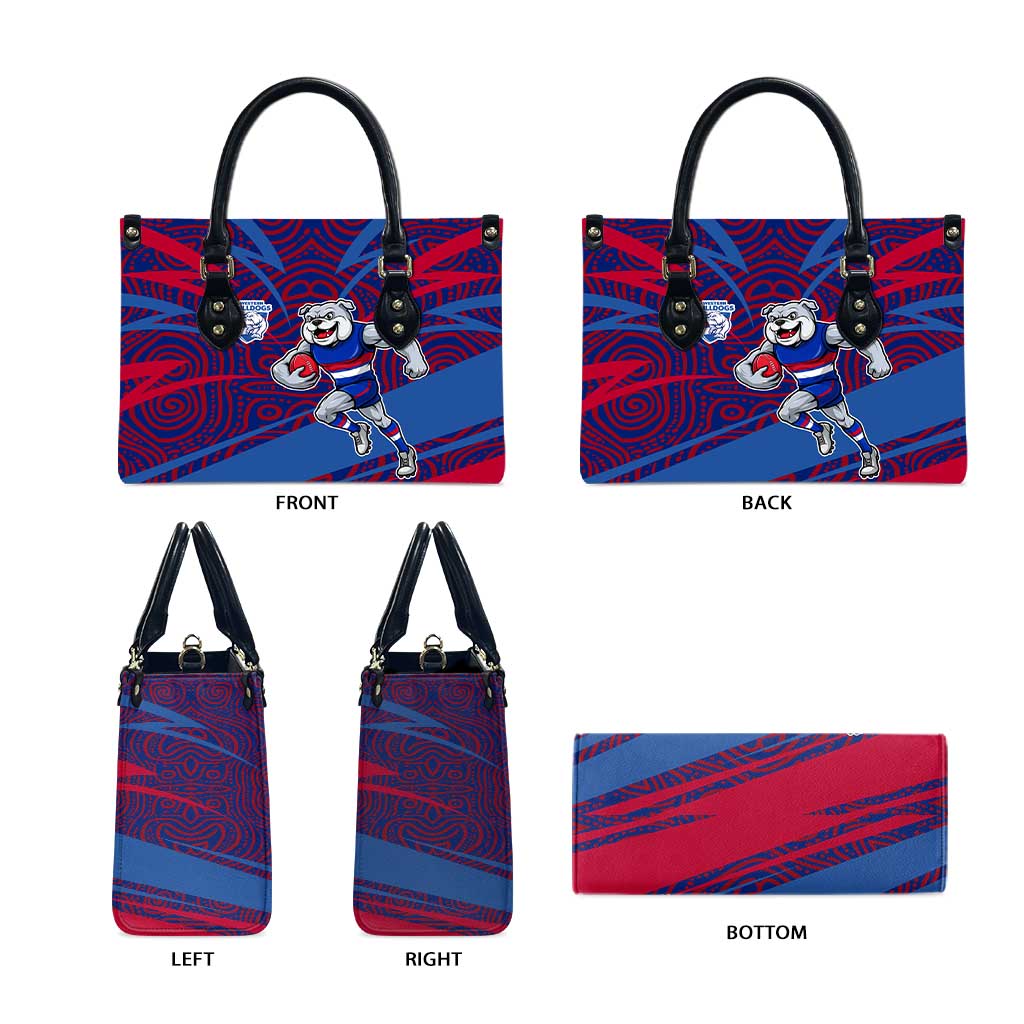Western Bulldogs Australian Football Leather Bag Tough Bulldog Mascot Art With Indigenous Pattern Art