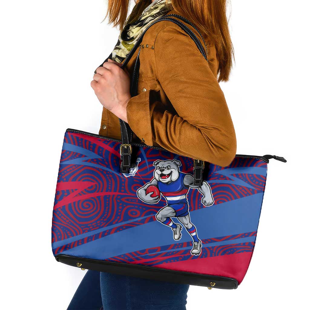 Western Bulldogs Australian Football Leather Tote Bag Tough Bulldog Mascot Art With Indigenous Pattern Art
