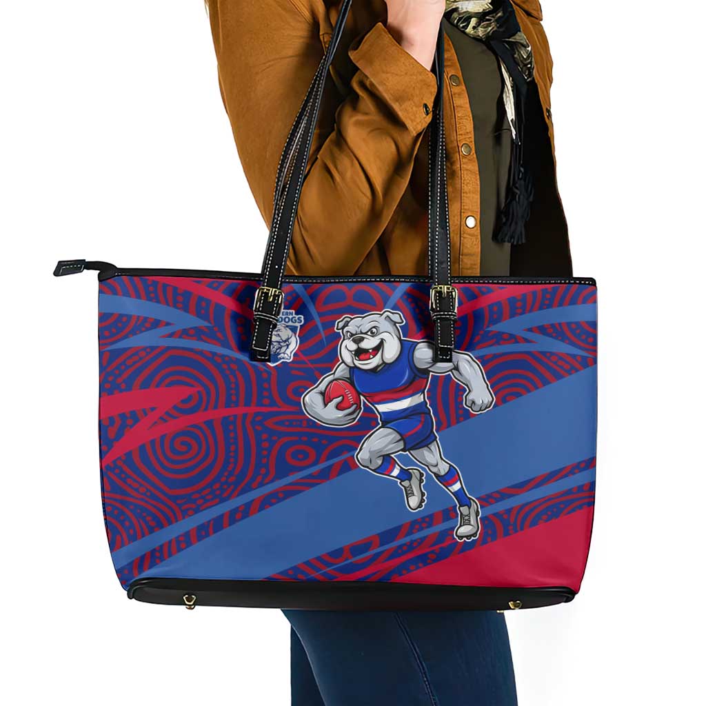 Western Bulldogs Australian Football Leather Tote Bag Tough Bulldog Mascot Art With Indigenous Pattern Art