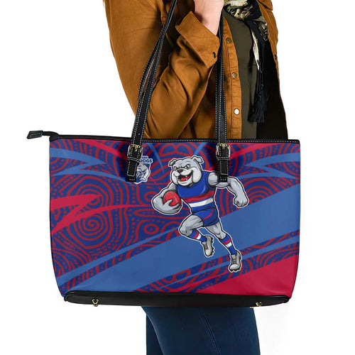Western Bulldogs Australian Football Leather Tote Bag Tough Bulldog Mascot Art With Indigenous Pattern Art