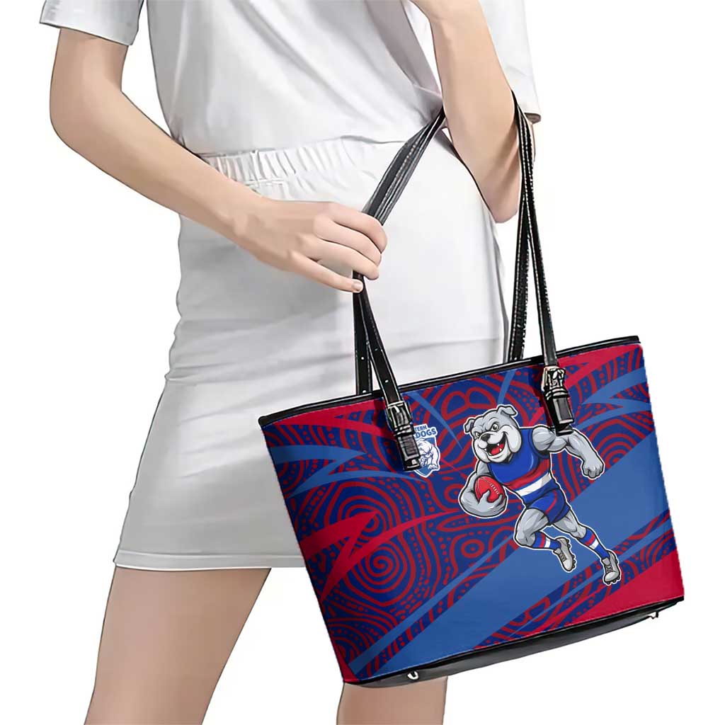 Western Bulldogs Australian Football Leather Tote Bag Tough Bulldog Mascot Art With Indigenous Pattern Art