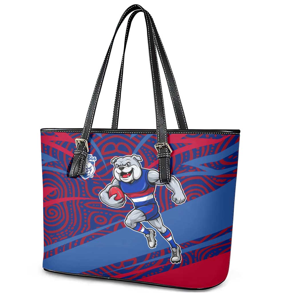 Western Bulldogs Australian Football Leather Tote Bag Tough Bulldog Mascot Art With Indigenous Pattern Art