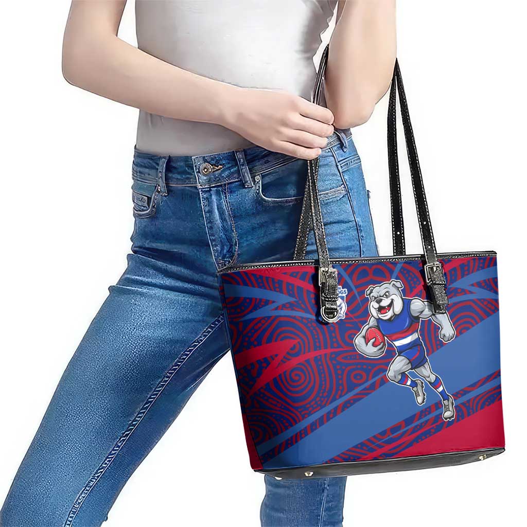 Western Bulldogs Australian Football Leather Tote Bag Tough Bulldog Mascot Art With Indigenous Pattern Art