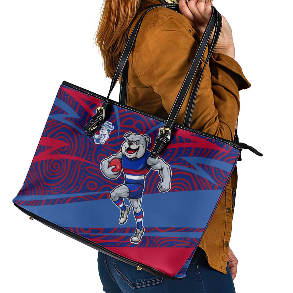 Western Bulldogs Australian Football Leather Tote Bag Tough Bulldog Mascot Art With Indigenous Pattern Art