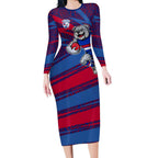 Western Bulldogs Australian Football Long Sleeve Bodycon Dress Tough Bulldog Mascot Art With Indigenous Pattern Art