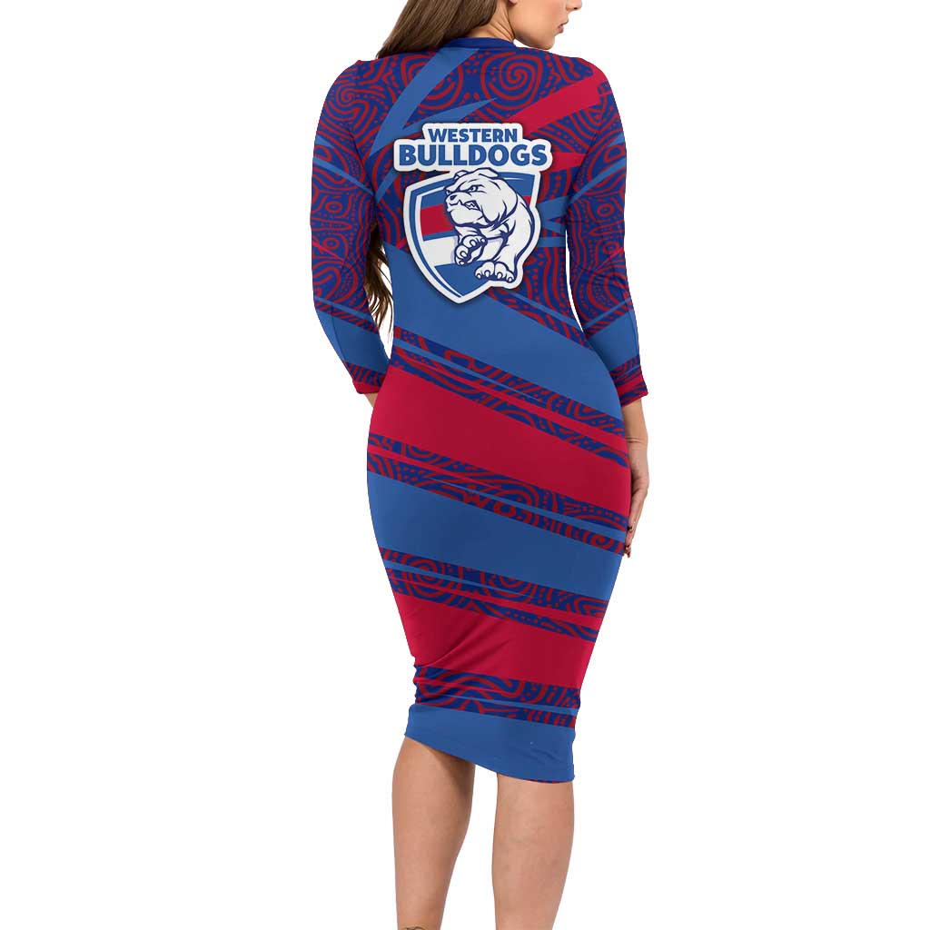 Western Bulldogs Australian Football Long Sleeve Bodycon Dress Tough Bulldog Mascot Art With Indigenous Pattern Art