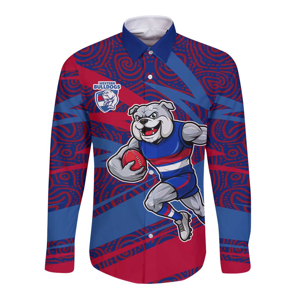 Western Bulldogs Australian Football Long Sleeve Button Shirt Tough Bulldog Mascot Art With Indigenous Pattern Art
