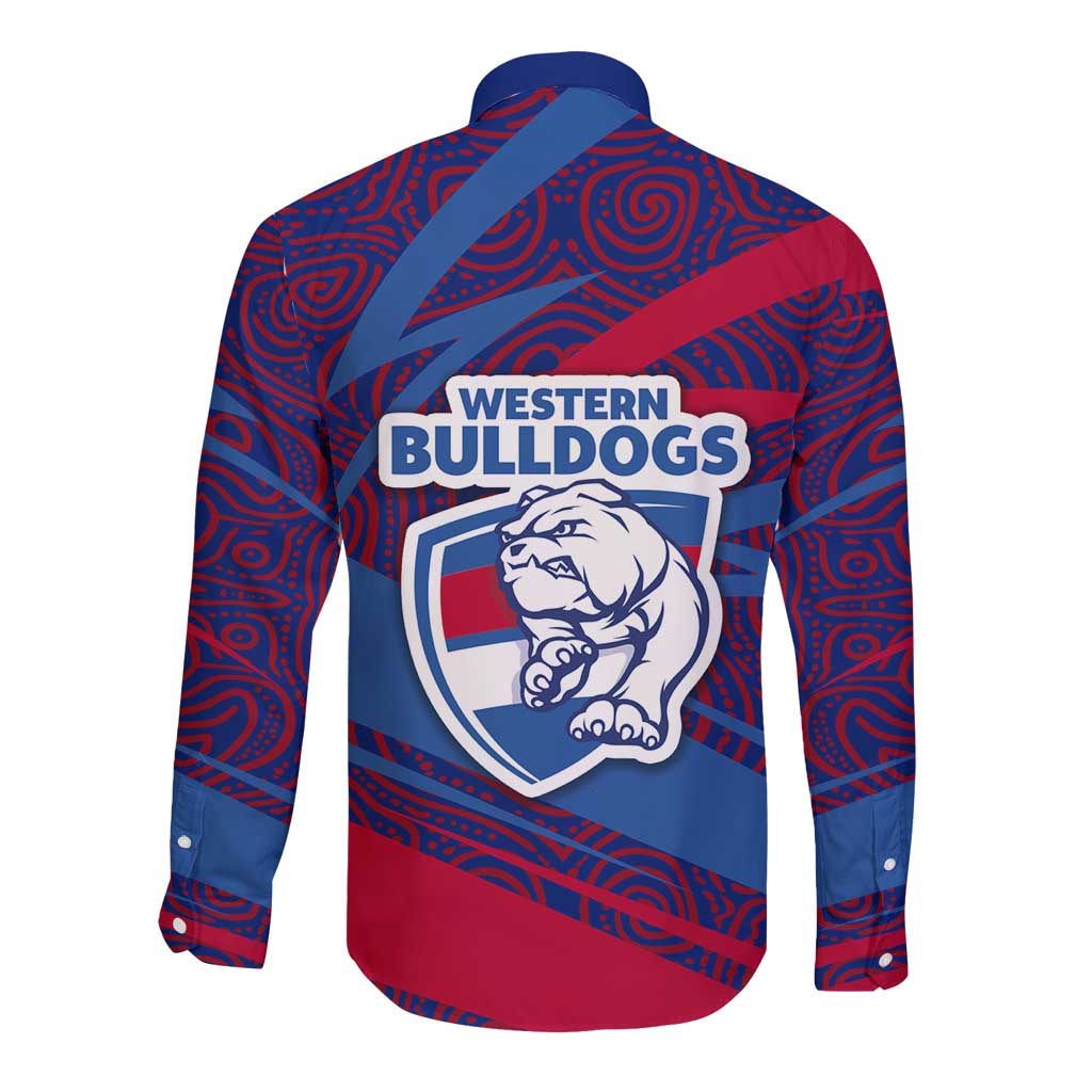 Western Bulldogs Australian Football Long Sleeve Button Shirt Tough Bulldog Mascot Art With Indigenous Pattern Art