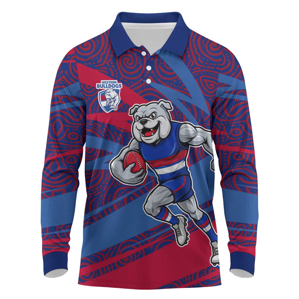 Western Bulldogs Australian Football Long Sleeve Polo Shirt Tough Bulldog Mascot Art With Indigenous Pattern Art