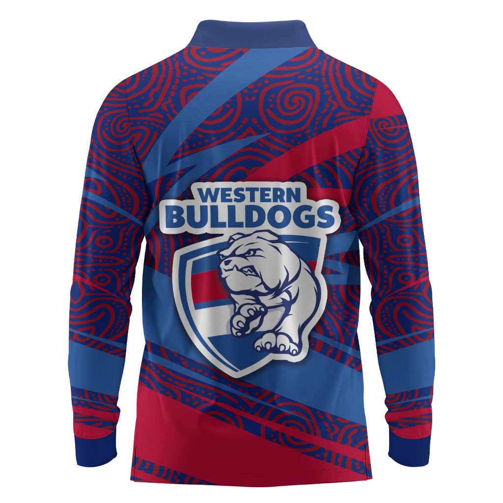 Western Bulldogs Australian Football Long Sleeve Polo Shirt Tough Bulldog Mascot Art With Indigenous Pattern Art