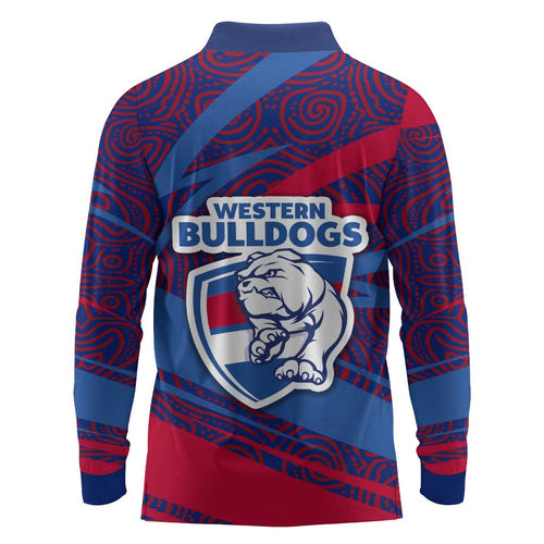 Western Bulldogs Australian Football Long Sleeve Polo Shirt Tough Bulldog Mascot Art With Indigenous Pattern Art