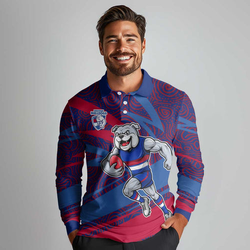 Western Bulldogs Australian Football Long Sleeve Polo Shirt Tough Bulldog Mascot Art With Indigenous Pattern Art