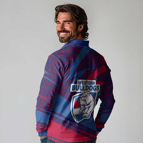 Western Bulldogs Australian Football Long Sleeve Polo Shirt Tough Bulldog Mascot Art With Indigenous Pattern Art