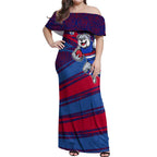 Western Bulldogs Australian Football Off Shoulder Maxi Dress Tough Bulldog Mascot Art With Indigenous Pattern Art