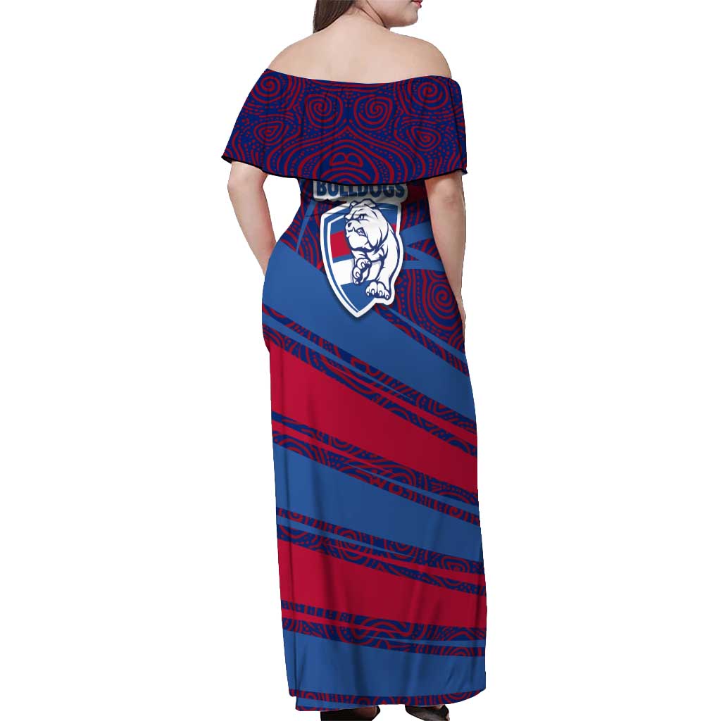 Western Bulldogs Australian Football Off Shoulder Maxi Dress Tough Bulldog Mascot Art With Indigenous Pattern Art