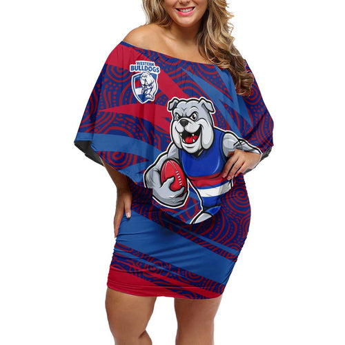 Western Bulldogs Australian Football Off Shoulder Short Dress Tough Bulldog Mascot Art With Indigenous Pattern Art