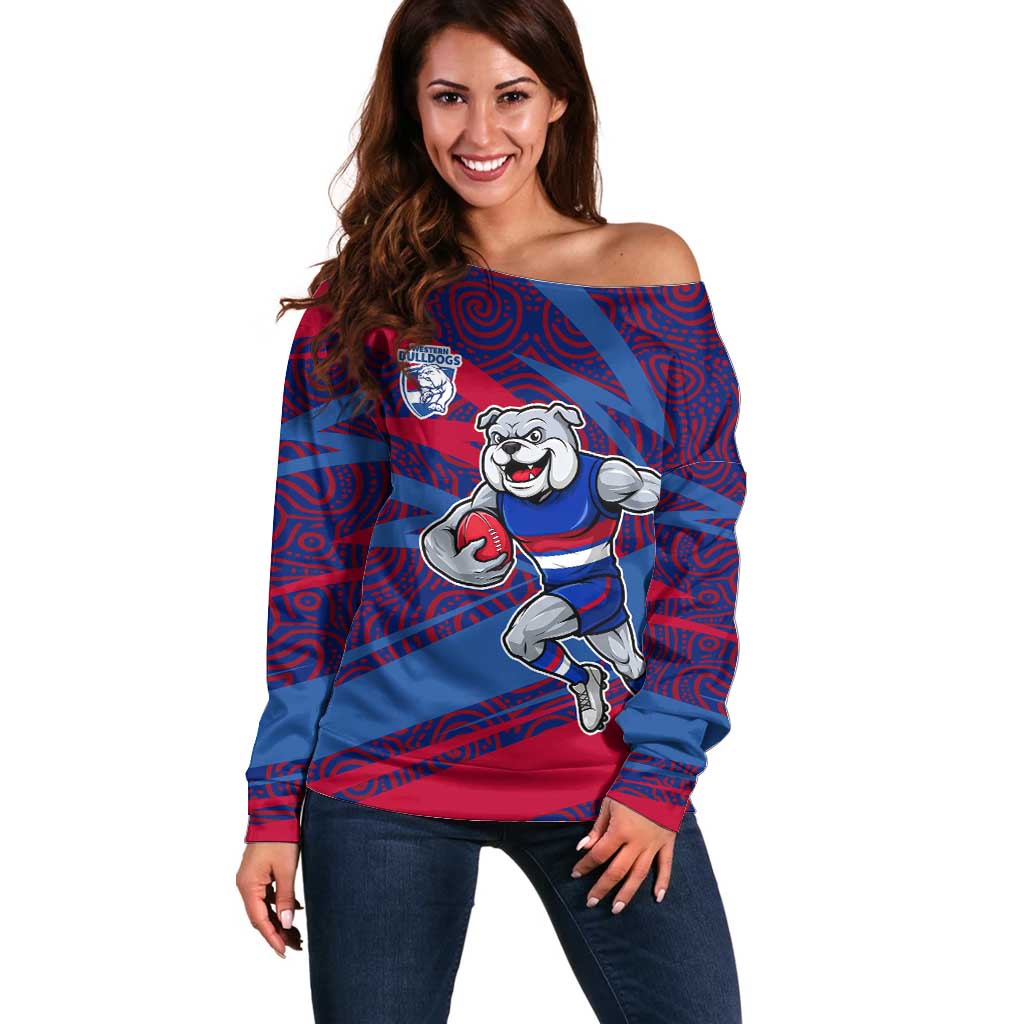 Western Bulldogs Australian Football Off Shoulder Sweater Tough Bulldog Mascot Art With Indigenous Pattern Art