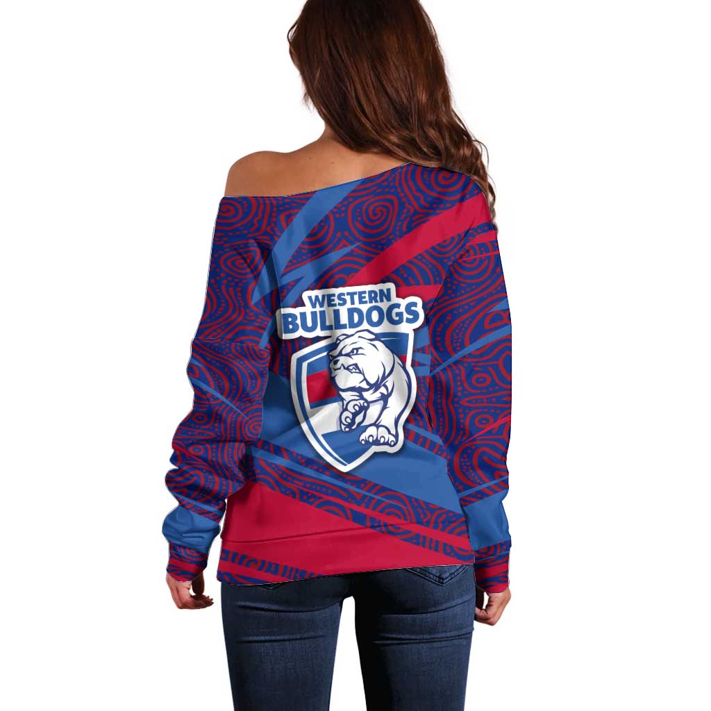 Western Bulldogs Australian Football Off Shoulder Sweater Tough Bulldog Mascot Art With Indigenous Pattern Art
