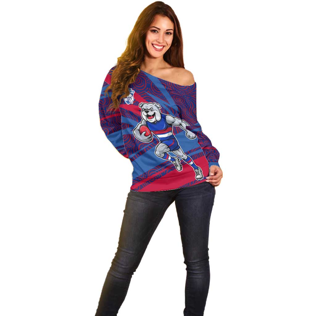 Western Bulldogs Australian Football Off Shoulder Sweater Tough Bulldog Mascot Art With Indigenous Pattern Art