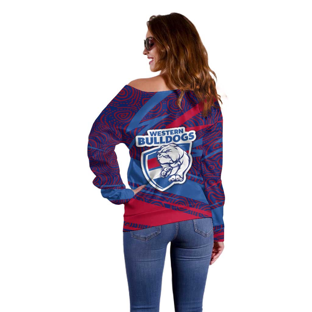 Western Bulldogs Australian Football Off Shoulder Sweater Tough Bulldog Mascot Art With Indigenous Pattern Art