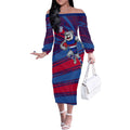 Western Bulldogs Australian Football Off The Shoulder Long Sleeve Dress Tough Bulldog Mascot Art With Indigenous Pattern Art