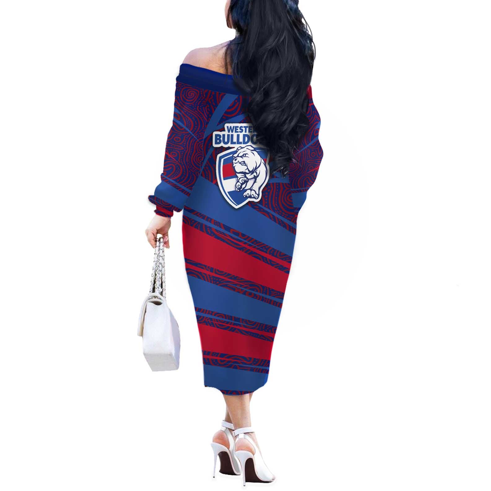 Western Bulldogs Australian Football Off The Shoulder Long Sleeve Dress Tough Bulldog Mascot Art With Indigenous Pattern Art