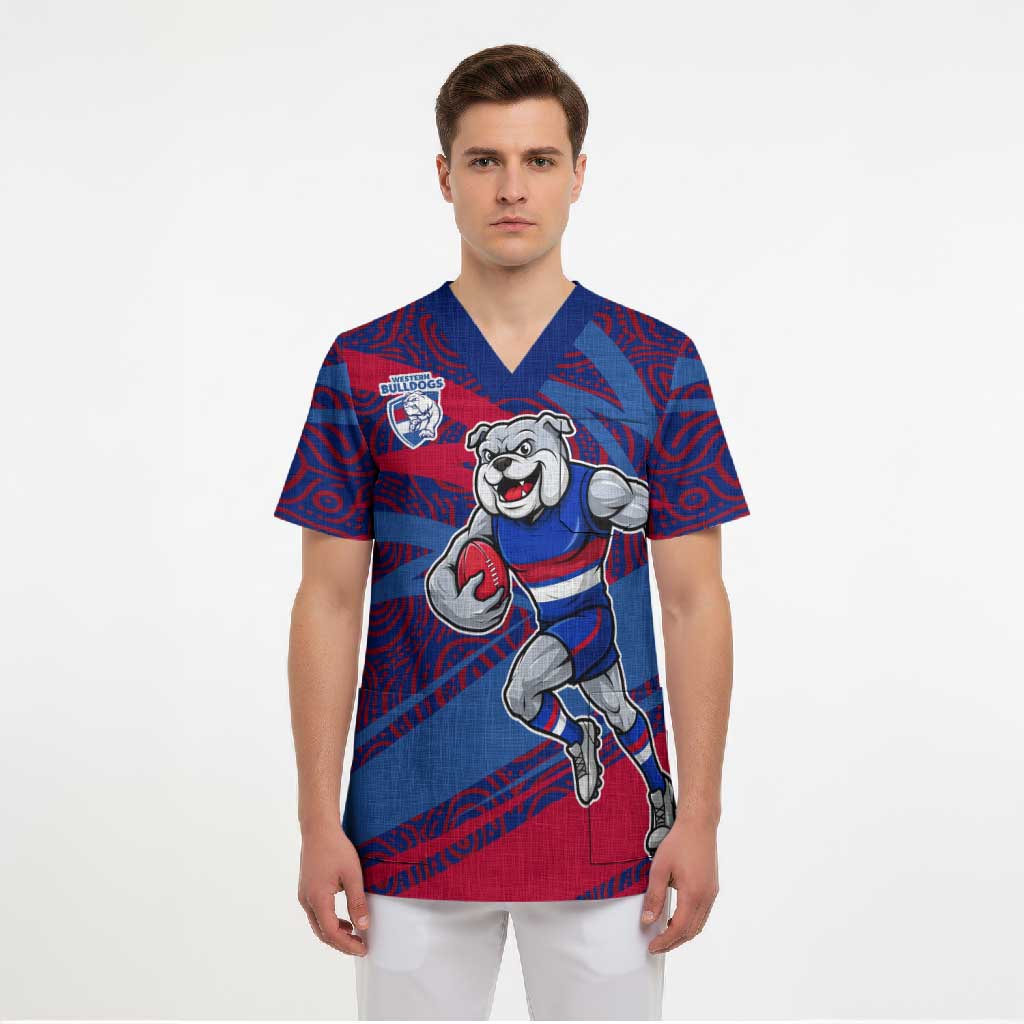 Western Bulldogs Australian Football Scrub Top Tough Bulldog Mascot Art With Indigenous Pattern Art