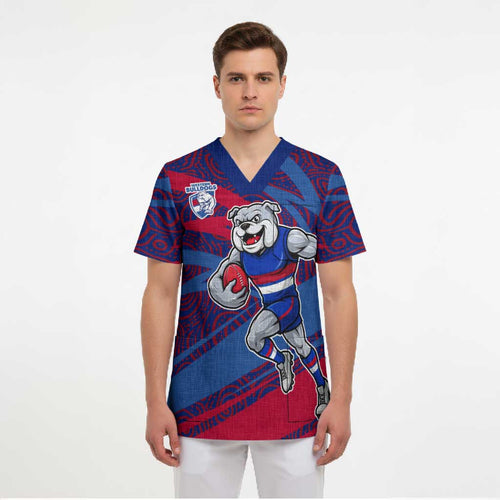 Western Bulldogs Australian Football Scrub Top Tough Bulldog Mascot Art With Indigenous Pattern Art