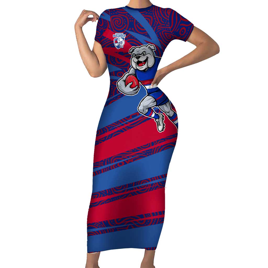 Western Bulldogs Australian Football Short Sleeve Bodycon Dress Tough Bulldog Mascot Art With Indigenous Pattern Art