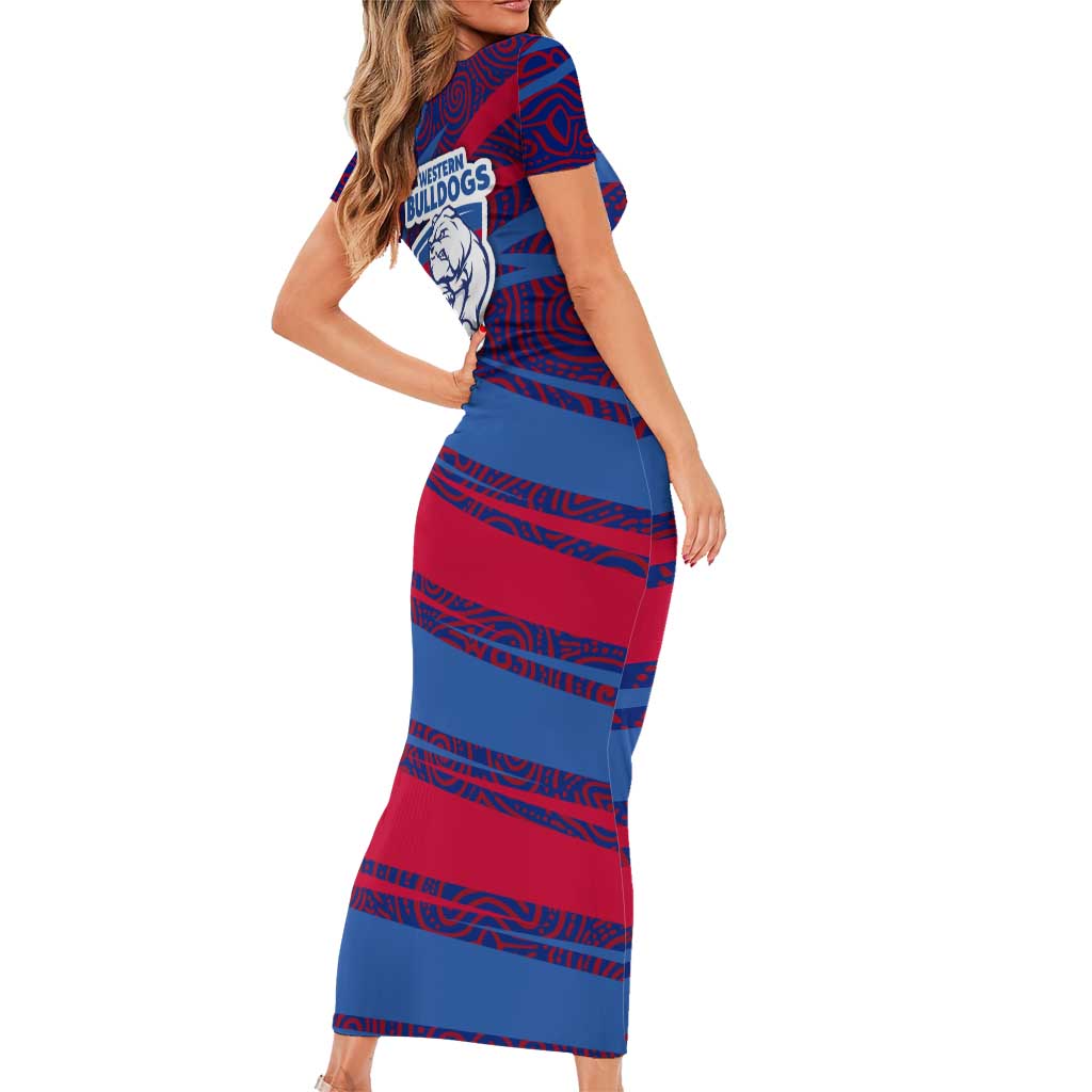 Western Bulldogs Australian Football Short Sleeve Bodycon Dress Tough Bulldog Mascot Art With Indigenous Pattern Art