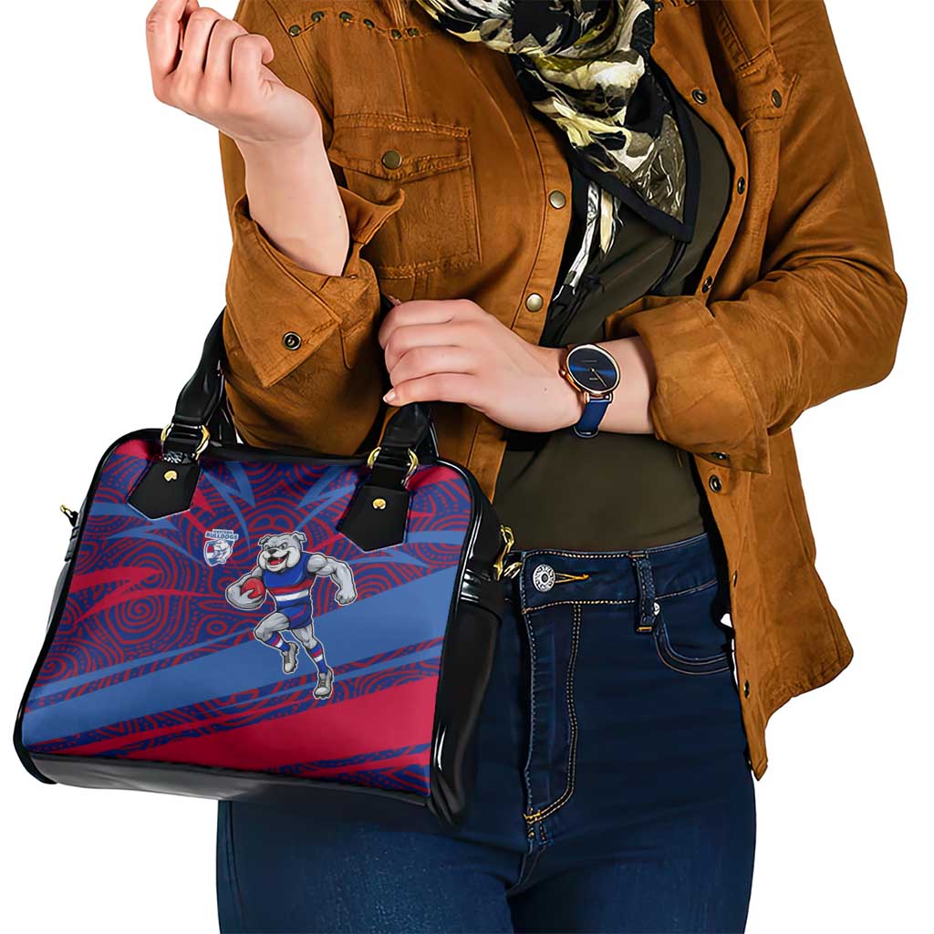 Western Bulldogs Australian Football Shoulder Handbag Tough Bulldog Mascot Art With Indigenous Pattern Art