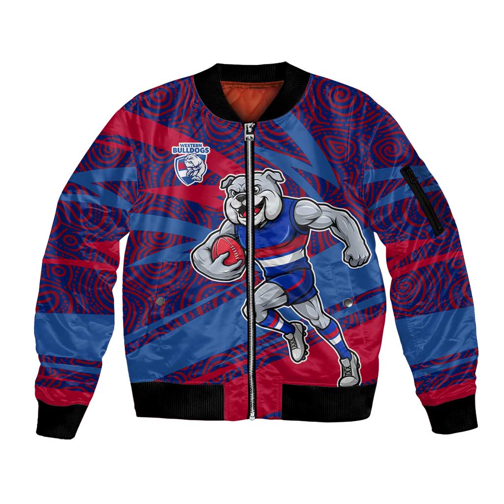 Western Bulldogs Australian Football Sleeve Zip Bomber Jacket Tough Bulldog Mascot Art With Indigenous Pattern Art