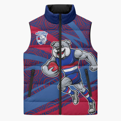 Western Bulldogs Australian Football Sleeveless Puffer Jacket Tough Bulldog Mascot Art With Indigenous Pattern Art