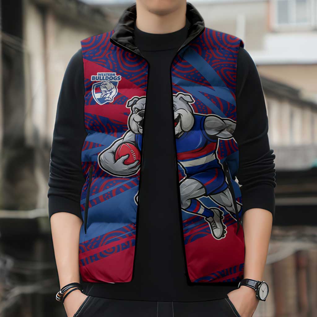 Western Bulldogs Australian Football Sleeveless Puffer Jacket Tough Bulldog Mascot Art With Indigenous Pattern Art
