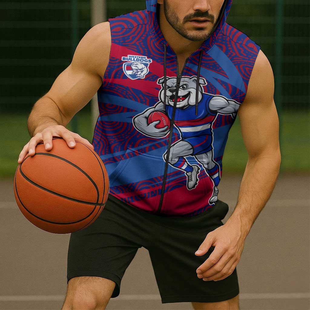 Western Bulldogs Australian Football Sleeveless Zip Hoodie Tough Bulldog Mascot Art With Indigenous Pattern Art