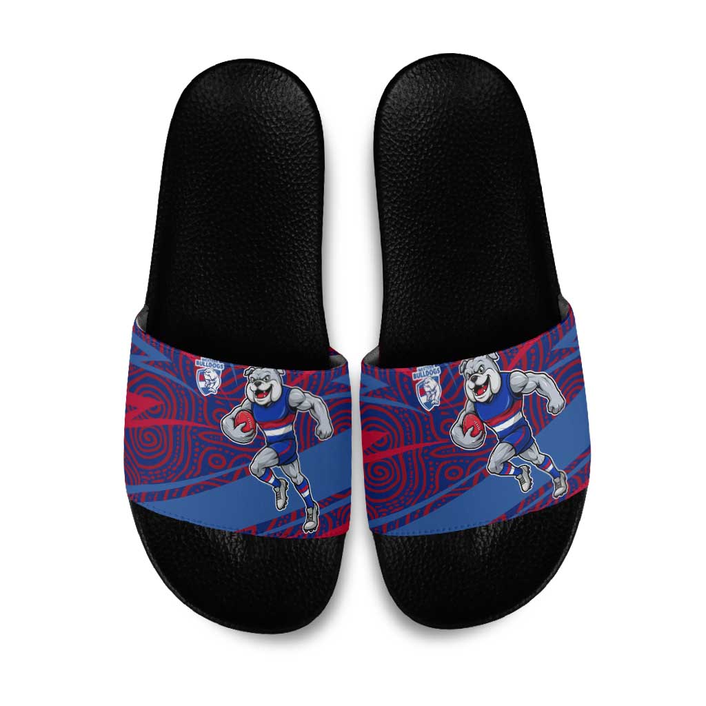 Western Bulldogs Australian Football Slide Sandals Tough Bulldog Mascot Art With Indigenous Pattern Art