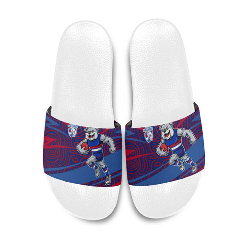 Western Bulldogs Australian Football Slide Sandals Tough Bulldog Mascot Art With Indigenous Pattern Art