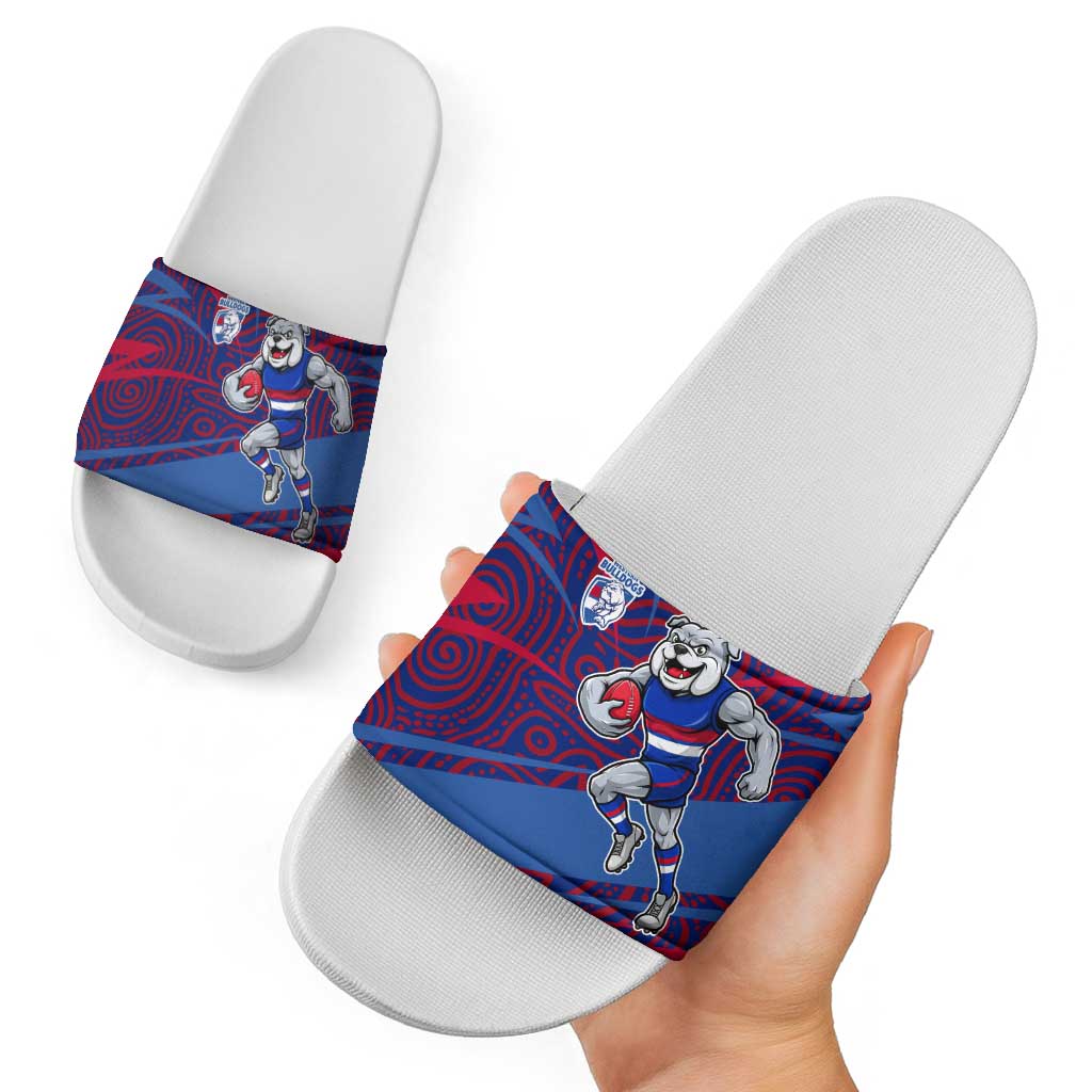 Western Bulldogs Australian Football Slide Sandals Tough Bulldog Mascot Art With Indigenous Pattern Art