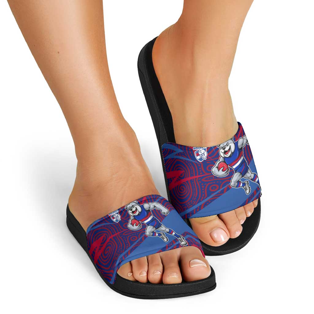 Western Bulldogs Australian Football Slide Sandals Tough Bulldog Mascot Art With Indigenous Pattern Art
