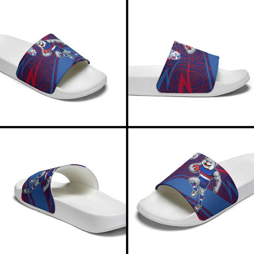 Western Bulldogs Australian Football Slide Sandals Tough Bulldog Mascot Art With Indigenous Pattern Art