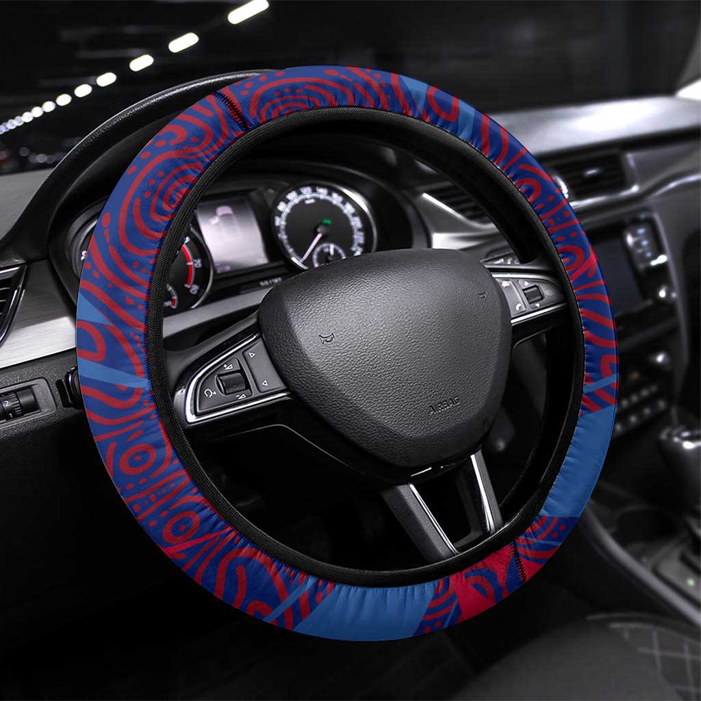 Western Bulldogs Australian Football Steering Wheel Cover Tough Bulldog Mascot Art With Indigenous Pattern Art