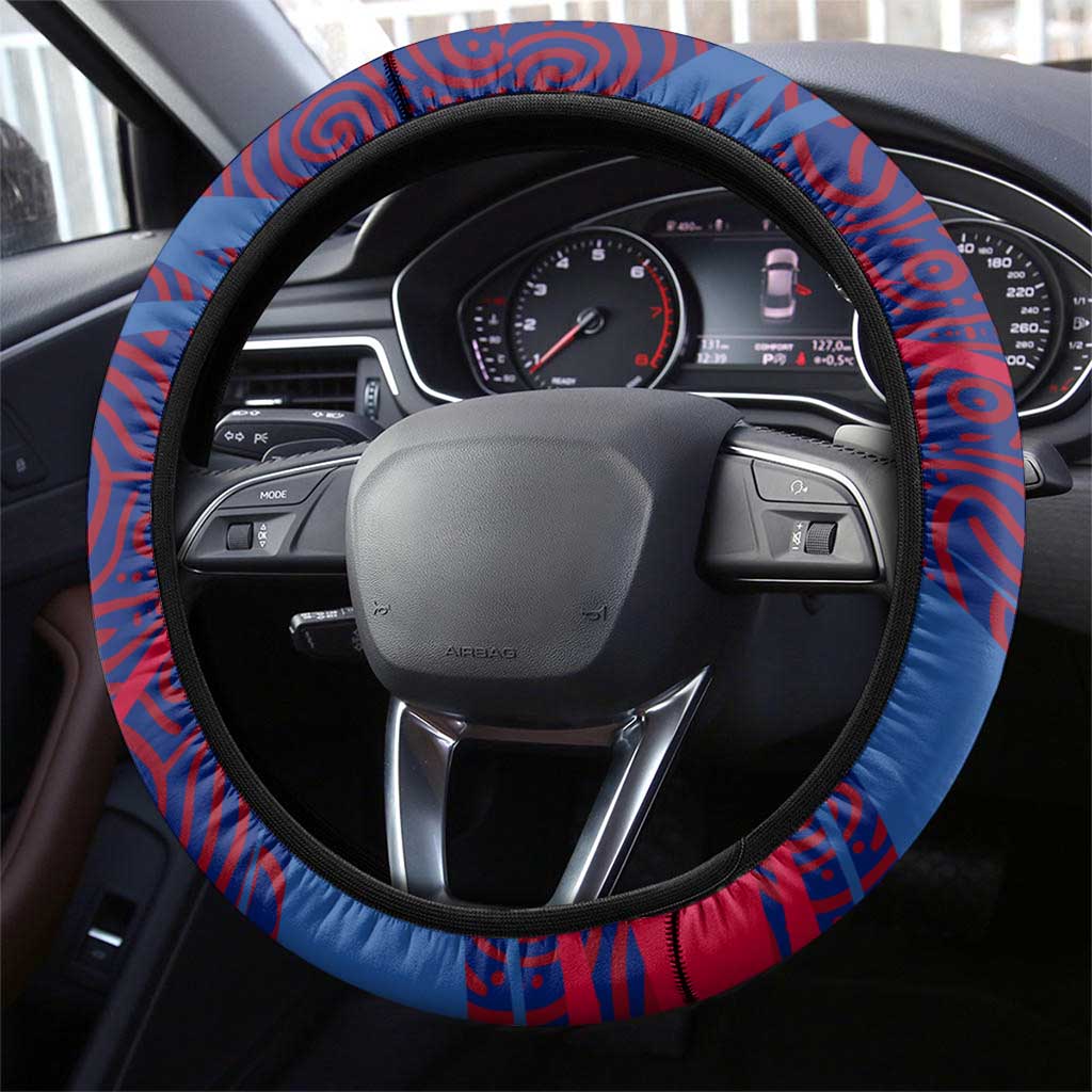 Western Bulldogs Australian Football Steering Wheel Cover Tough Bulldog Mascot Art With Indigenous Pattern Art