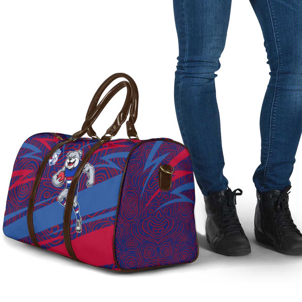 Western Bulldogs Australian Football Travel Bag Tough Bulldog Mascot Art With Indigenous Pattern Art