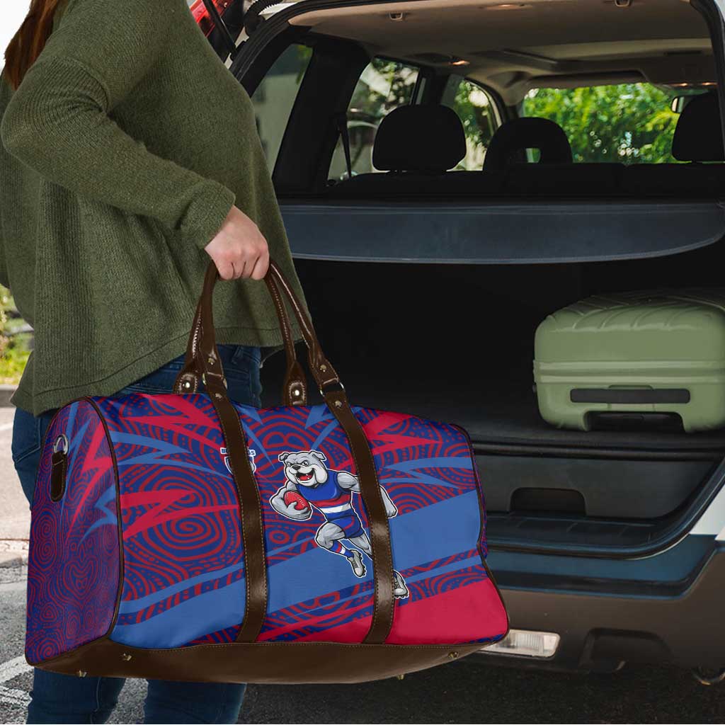 Western Bulldogs Australian Football Travel Bag Tough Bulldog Mascot Art With Indigenous Pattern Art