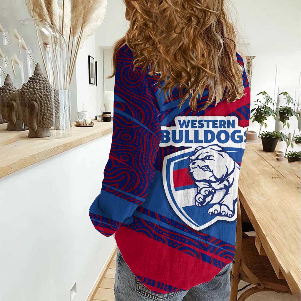 Western Bulldogs Australian Football Women Casual Shirt Tough Bulldog Mascot Art With Indigenous Pattern Art